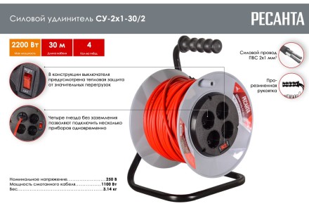 Удлинитель силовой на катушке Ресанта СУ-2х1-30/2 (с выкл., 4 розетки) 61/118/4 купить в Нижневартовске