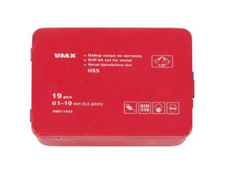 Набор сверл для металла HSS Ф1-10 мм шаг 0,5 мм 19 штук металлический футляр VMX 511623 купить в Нижневартовске