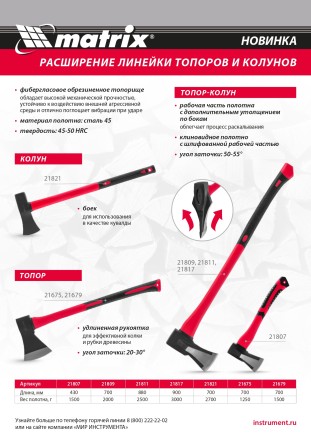 Топор-колун с клиновидным полотном 2500 г Matrix 21811, фибергласовое обрезиненное топорище 880 мм купить в Нижневартовске