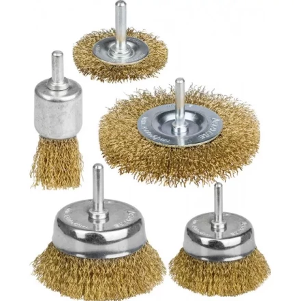 STAYER "PROFESSIONAL". Набор щеток-крацовок для дрели, витая стальная латунированная проволока 0,3мм, диск. 50,75мм, чаш. 50,75мм, кист. 25мм, 5шт 35157-H5_z01 купить в Нижневартовске