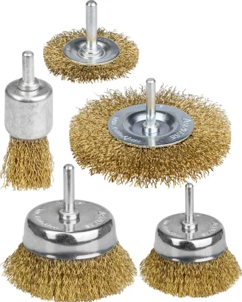 STAYER "PROFESSIONAL". Набор щеток-крацовок для дрели, витая стальная латунированная проволока 0,3мм, диск. 50,75мм, чаш. 50,75мм, кист. 25мм, 5шт 35157-H5_z01 купить в Нижневартовске