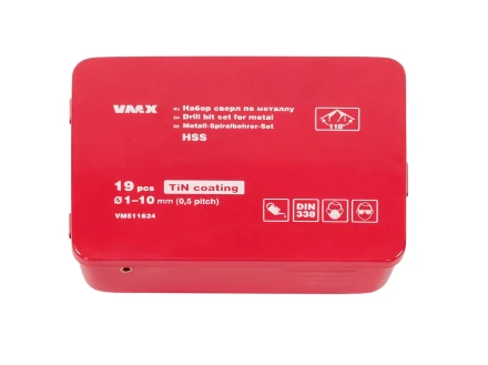 Набор сверл для металла HSS Ф1-10 мм шаг 0,5 мм покрытие TiN 19 штук металлический футляр VMX 511624 купить в Нижневартовске