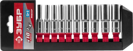 Набор ЗУБР "МАСТЕР": Торцовые головки (1/4") удлиненные на пластиковом рельсе, Cr-V, 4-13мм, 10 предметов 27657-H10 купить в Нижневартовске