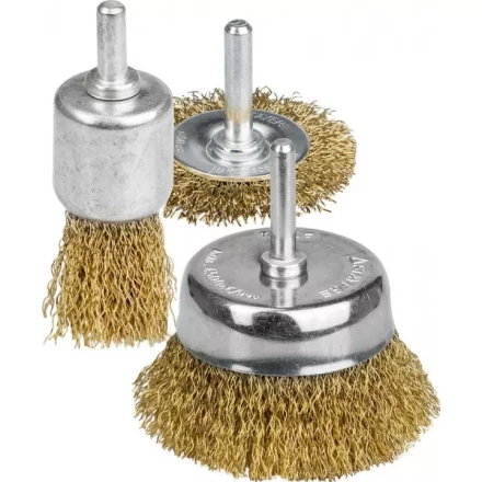 STAYER "PROFESSIONAL". Набор щеток-крацовок для дрели, витая стальная латунированная проволока 0,3мм, диск. 50мм, чаш. 50мм, кистевая 25мм, 3шт 35152-H3_z01 купить в Нижневартовске