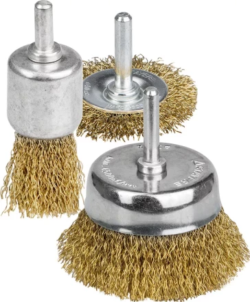 STAYER "PROFESSIONAL". Набор щеток-крацовок для дрели, витая стальная латунированная проволока 0,3мм, диск. 50мм, чаш. 50мм, кистевая 25мм, 3шт 35152-H3_z01 купить в Нижневартовске