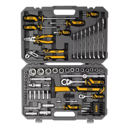 Набор инструментов Denzel 15802, 1/2", 1/4", CrV, S2, пластиковый кейс, 84 предмета купить в Нижневартовске