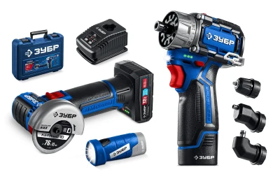 ЗУБР КОМБИ #5 набор: дрель-шуруповерт + мини УШМ + LED фонарь, BRUSHLESS, 12 В, 45 Н·м, 2 АКБ тип Т7 (4 и 2 А·ч), кейс, Профессионал (DB-125-42ABF)