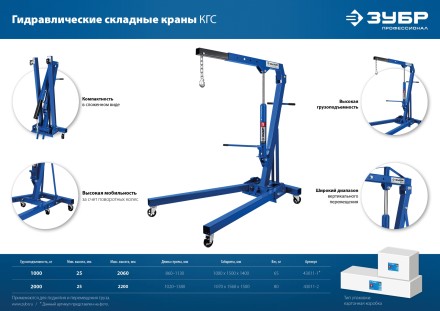 ЗУБР КГС-1, 1 т, 25 - 2060 мм, складной гидравлический кран, Профессионал (43011-1) купить в Нижневартовске