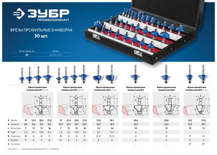 ЗУБР 30 шт, набор профильных фрез по дереву, Профессионал (28796-H30) купить в Нижневартовске