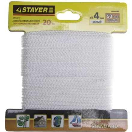 Шнур STAYER "STANDARD" хозяйственно-бытовой, полипропиленовый, вязанный, без сердечника, белый, d 4, 20м 50420-04-020 купить в Нижневартовске