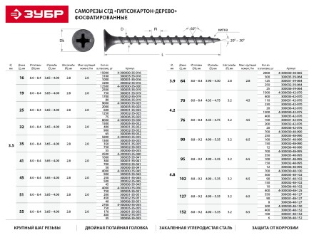 Саморезы фосфатированные с крупной резьбой, гипсокартон-дерево, ЗУБР 300036-48-090, PH2, 4,8 x 90 мм, 12 шт 300036-48-090 купить в Нижневартовске
