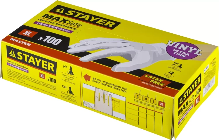 Перчатки STAYER "MASTER" виниловые экстратонкие, XL, 100шт 11207-XL купить в Нижневартовске