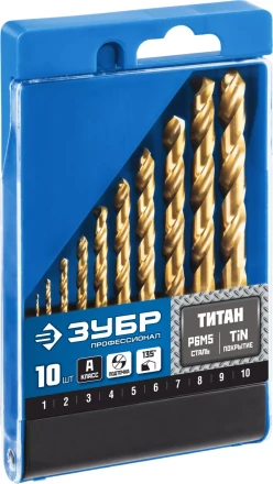 ЗУБР ТИТАН, 10 шт, (1-10 мм), сталь Р6М5, класс А, титановое покрытие, набор сверл по металлу, Профессионал (29615-H10) купить в Нижневартовске