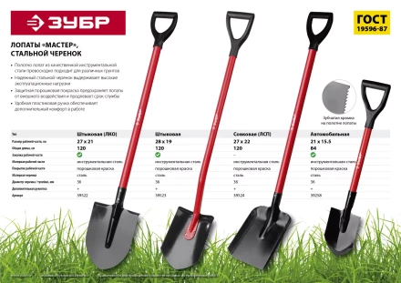 ЗУБР МАСТЕР, 270 х 220 х 1180 мм, полотно 1.5 мм, стальной прямой черенок с рукояткой, тип ЛСП, совковая лопата (39524) купить в Нижневартовске