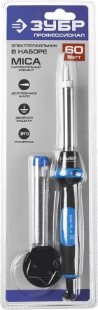 Паяльник ЗУБР "ПРОФЕССИОНАЛ" с двухкомпонентной рукояткой и защитным колпачком в наборе с припоем и подставкой, 60Вт, конус 55402-60_z01 купить в Нижневартовске