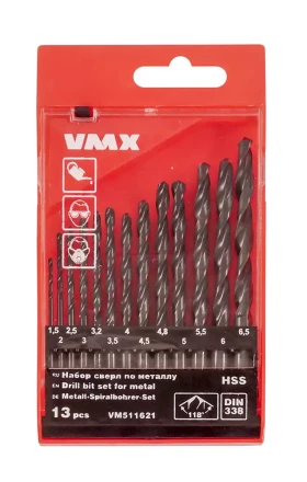 Набор сверл для металла HSS Ф1,5-6,5 мм 13 штук пластиковый футляр VMX 511621 купить в Нижневартовске