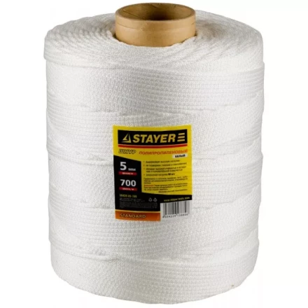 Шнур STAYER "STANDARD" хозяйственно-бытовой, полипропиленовый, вязанный, без сердечника, белый, d 5, катушка 700м 50420-05-700 купить в Нижневартовске
