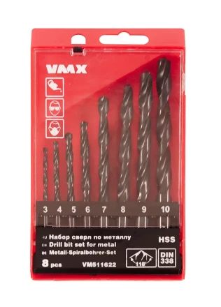 Набор сверл для металла HSS Ф3-10 мм 8 штук пластиковый футляр VMX 511622 купить в Нижневартовске