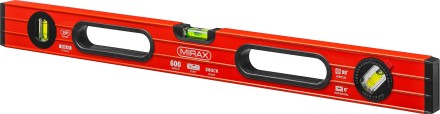 Уровень коробчатый усиленный MIRAX, фрезерованная поверхность, утолщенный профиль, 3 противоударных ампулы (1 поворотная на 360 град), с ручками, 60 см 34603-060 купить в Нижневартовске