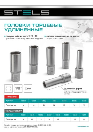 Головка торцевая удлиненная, 16 мм, шестигранная, CrV, под квадрат 1/2 Stels 13880 купить в Нижневартовске