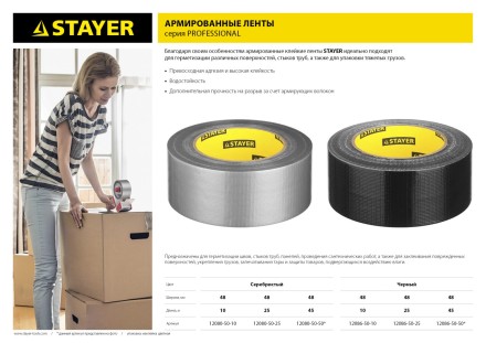 Армированная лента, STAYER 12080-50-10, универсальная, влагостойкая, 48мм х 10м, серебристая 12080-50-10 купить в Нижневартовске