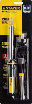 Паяльник PROTerm с двухкомпонентной рукояткой, в комплекте с припоем и подставкой, жало - клин, STAYER Professional 55300-100, 100 Вт 55300-100 купить в Нижневартовске