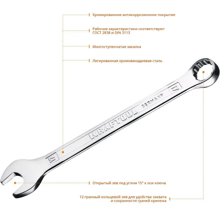 Ключи комбинированные KRAFTOOL, Cr-V, DIN 3113 27079-17 купить в Нижневартовске