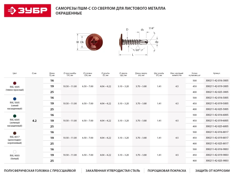 Саморезы ЗУБР с прессшайбой и сверлом по листовому металлу до 2мм, окрашенные в RAL-8017, PH2, 4,2х25мм, 400шт 300211-42-025-8017 купить в Нижневартовске
