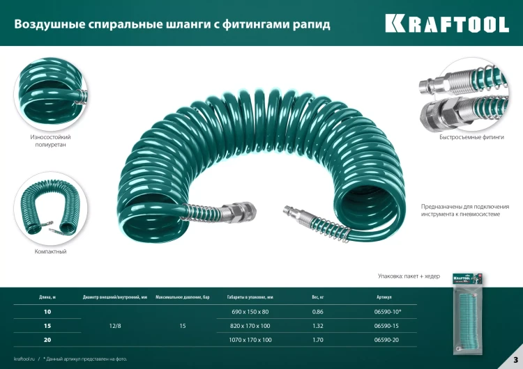 Воздушный спиральный шланг KRAFTOOL с фитингами рапид 8х12 мм 06590-20 купить в Нижневартовске