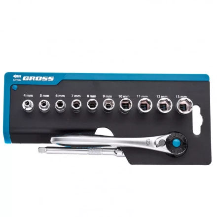 Набор торцевых головок трещотка 120 зубьев 12 предметов 1/4" CrV Gross 14141 купить в Нижневартовске