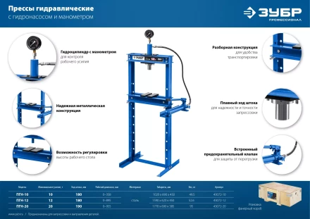 ЗУБР ПГН-10, 10 т, гидравлический пресс с гидронасосом и манометром, Профессионал (43072-10) купить в Нижневартовске