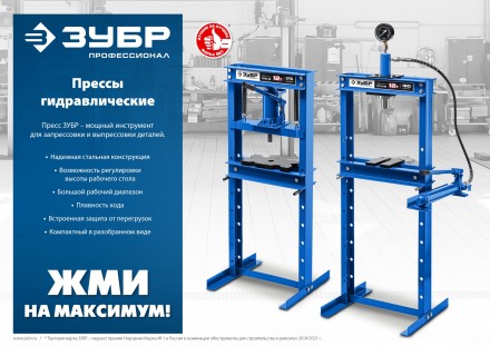 ЗУБР ПГН-10, 10 т, гидравлический пресс с гидронасосом и манометром, Профессионал (43072-10) купить в Нижневартовске