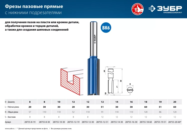 ЗУБР 12 x 30 мм, хвостовик 8 мм, фреза пазовая прямая с нижними подрезателями, Профессионал (28755-12-30) купить в Нижневартовске