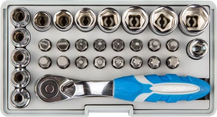 Набор ЗУБР "ЭКСПЕРТ": Биты 16шт,торцов головки с мини трещоткой 12шт,адаптер для бит SQ 1/4"хHex 1/4",удлинит 1/4"/80мм 26054-H31 купить в Нижневартовске