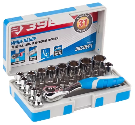 Набор ЗУБР "ЭКСПЕРТ": Биты 16шт,торцов головки с мини трещоткой 12шт,адаптер для бит SQ 1/4"хHex 1/4",удлинит 1/4"/80мм 26054-H31 купить в Нижневартовске