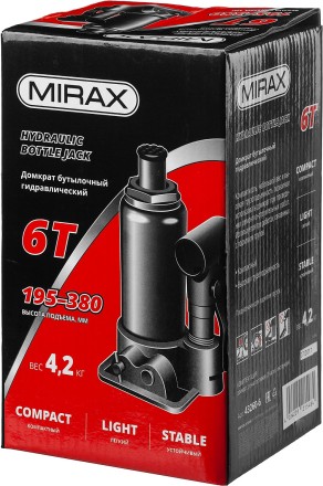Домкрат гидравлический бутылочный, 6т, 195-380 мм, MIRAX 43260-6 43260-6 купить в Нижневартовске