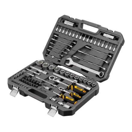 Набор инструментов Denzel, 1/2", 1/4", CrV, S2, пластиковый кейс, 82 предмета 15809 купить в Нижневартовске