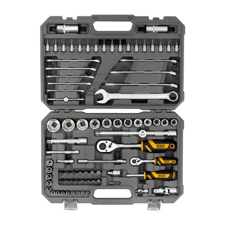 Набор инструментов Denzel, 1/2&quot;, 1/4&quot;, CrV, S2, пластиковый кейс, 82 предмета 15809 купить в Нижневартовске