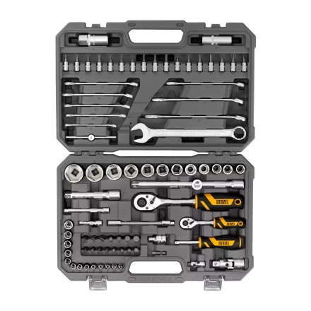 Набор инструментов Denzel, 1/2", 1/4", CrV, S2, пластиковый кейс, 82 предмета 15809 купить в Нижневартовске
