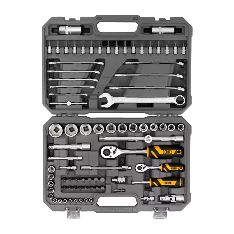 Набор инструментов Denzel, 1/2", 1/4", CrV, S2, пластиковый кейс, 82 предмета 15809 купить в Нижневартовске