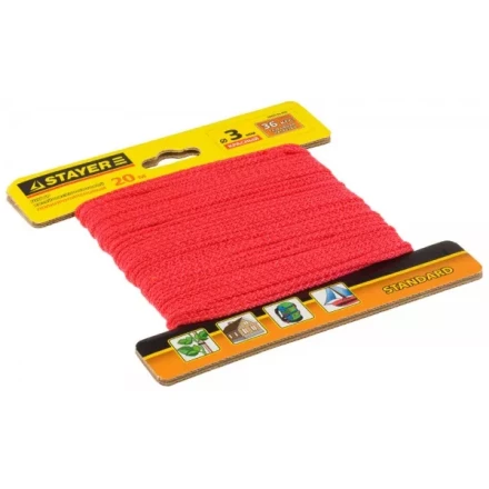 Шнур STAYER "STANDARD" хозяйственно-бытовой, полипропиленовый, вязанный, без сердечника, красный, d 3, 20м 50425-03-020 купить в Нижневартовске