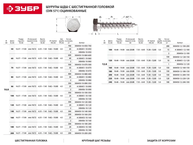 Шурупы ЗУБР с шестигранной головкой, оцинкованные, 10x70мм, 2шт 4-300456-10-070 купить в Нижневартовске