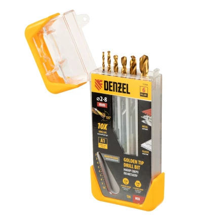 Набор сверл по металлу, 2-3-4-5-6-8 мм, HSS-Tin, Golden Tip, 6 шт Denzel 72300 купить в Нижневартовске