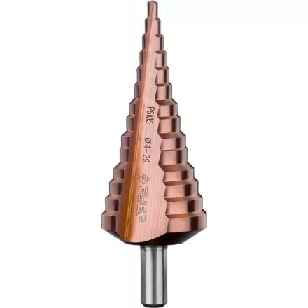 Сверло ЗУБР "КОБАЛЬТ" ступен. по сталям и цв.мет.ст.Р6М5 с кобальт.покрыт.d 4-39мм,14ст.d4-39,L-113мм, 3-хгран.хв. 10мм 29672-4-39-14 купить в Нижневартовске