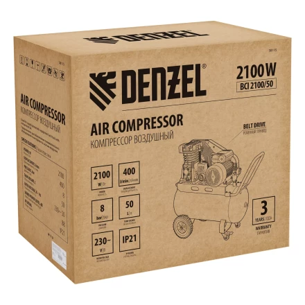 Компрессор воздушный рем. привод Denzel BCI 2100/50, 2,1 кВт, 50 литров, 400 л/мин купить в Нижневартовске
