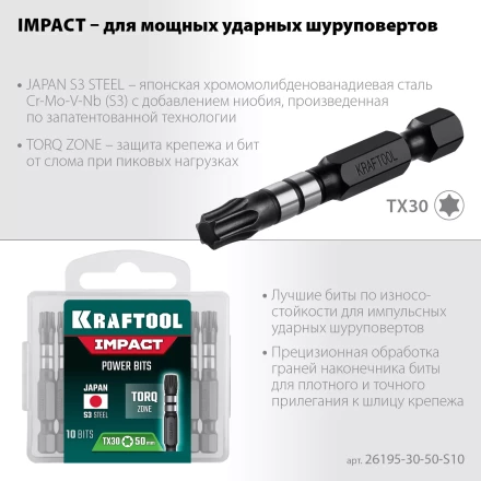 Биты для ударных шуруповертов KRAFTOOL Impact Pro TX 26195-30-50-S10 купить в Нижневартовске