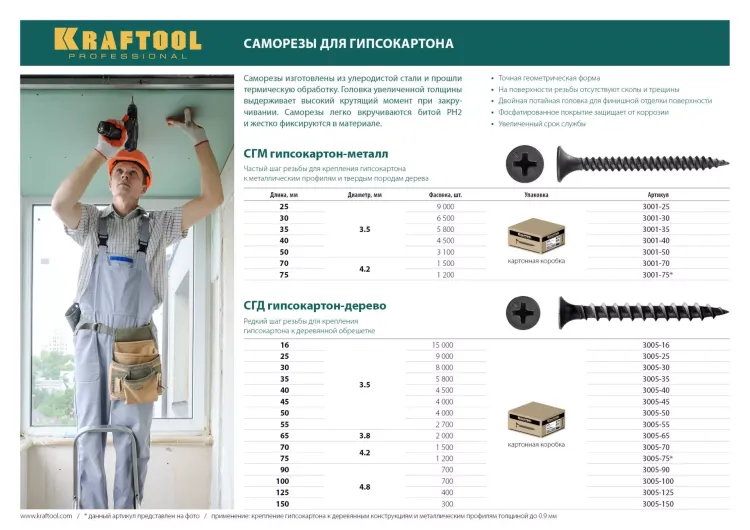 Саморезы СГМ гипсокартон-металл, 75 х 4.2 мм, 1 200 шт, фосфатированные, KRAFTOOL 3001-75 купить в Нижневартовске