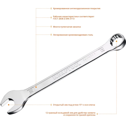 Ключи комбинированные KRAFTOOL, Cr-V, DIN 3113 27079-22 купить в Нижневартовске