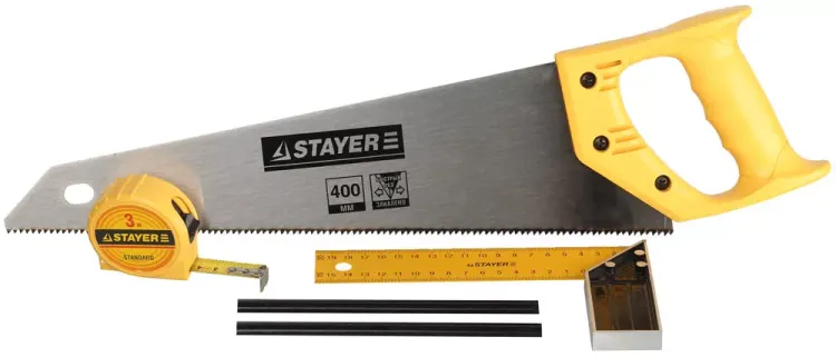 Набор STAYER "STANDARD" для столярных работ: ножовка по дереву 400 мм, угольник 200 мм, рулетка 3 м, 2 карандаша, 5 пред 15084-H5 купить в Нижневартовске