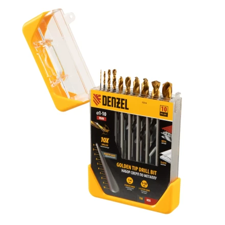 Набор сверл по металлу, 1-10 мм, HSS-Tin, Golden Tip, 10 шт Denzel 72316 купить в Нижневартовске